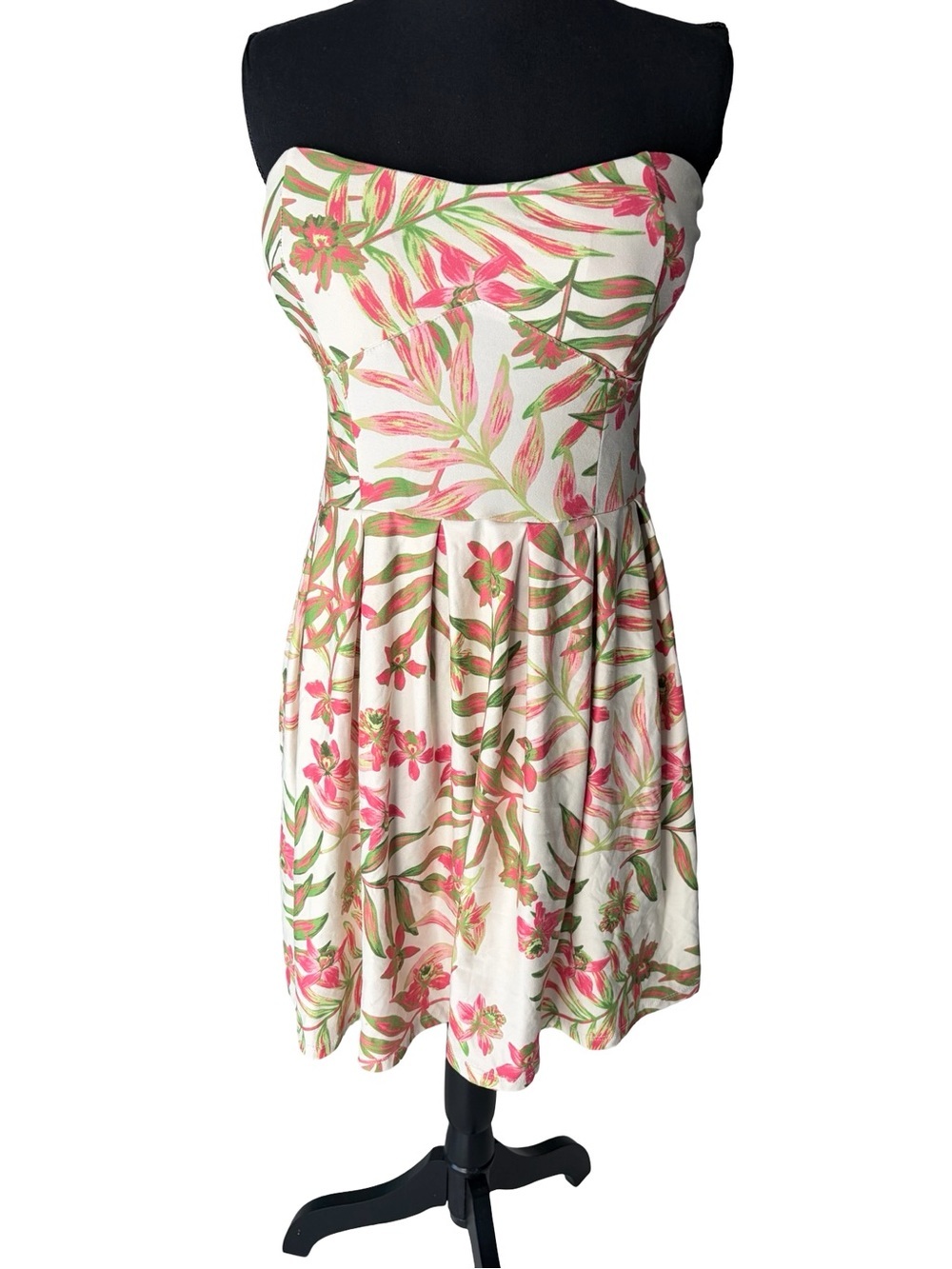Derek Heart Strapless Floral Sundress in Pink, Green & Cream